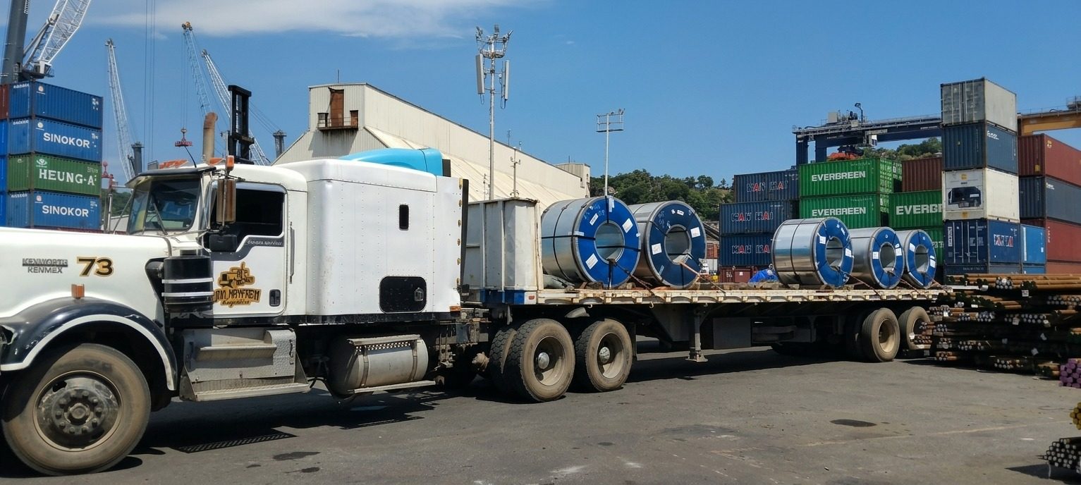 Unidad 73 de DML con bobinas de acero sobre plataforma, con la terminal portuaria al fondo