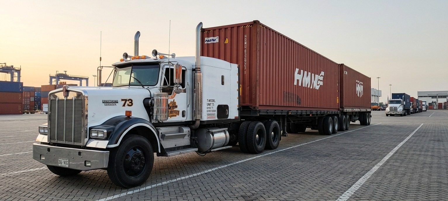 Tractocamión de DML con dos contenedores en una terminal portuaria al amanecer
